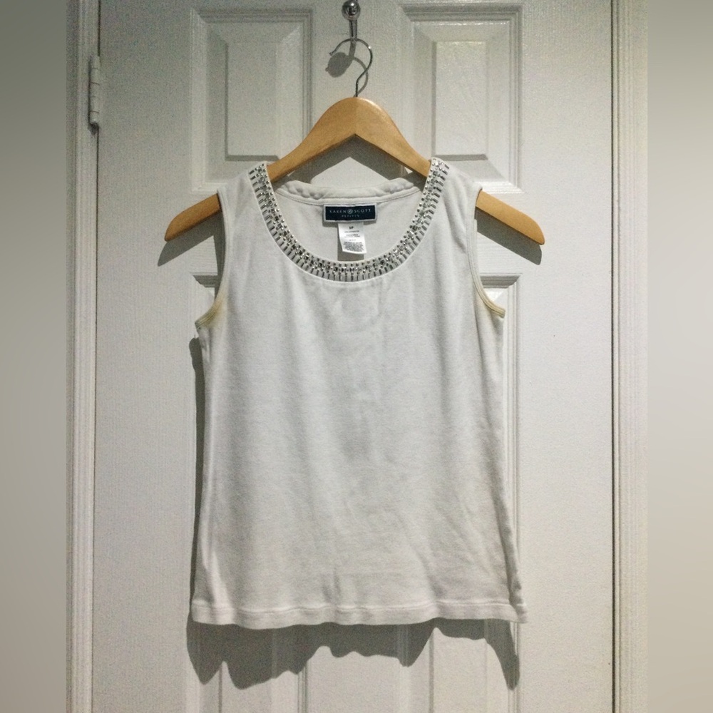 Karen Scott Cotton White Tank Top with Neck Trim Rhinestones Accents